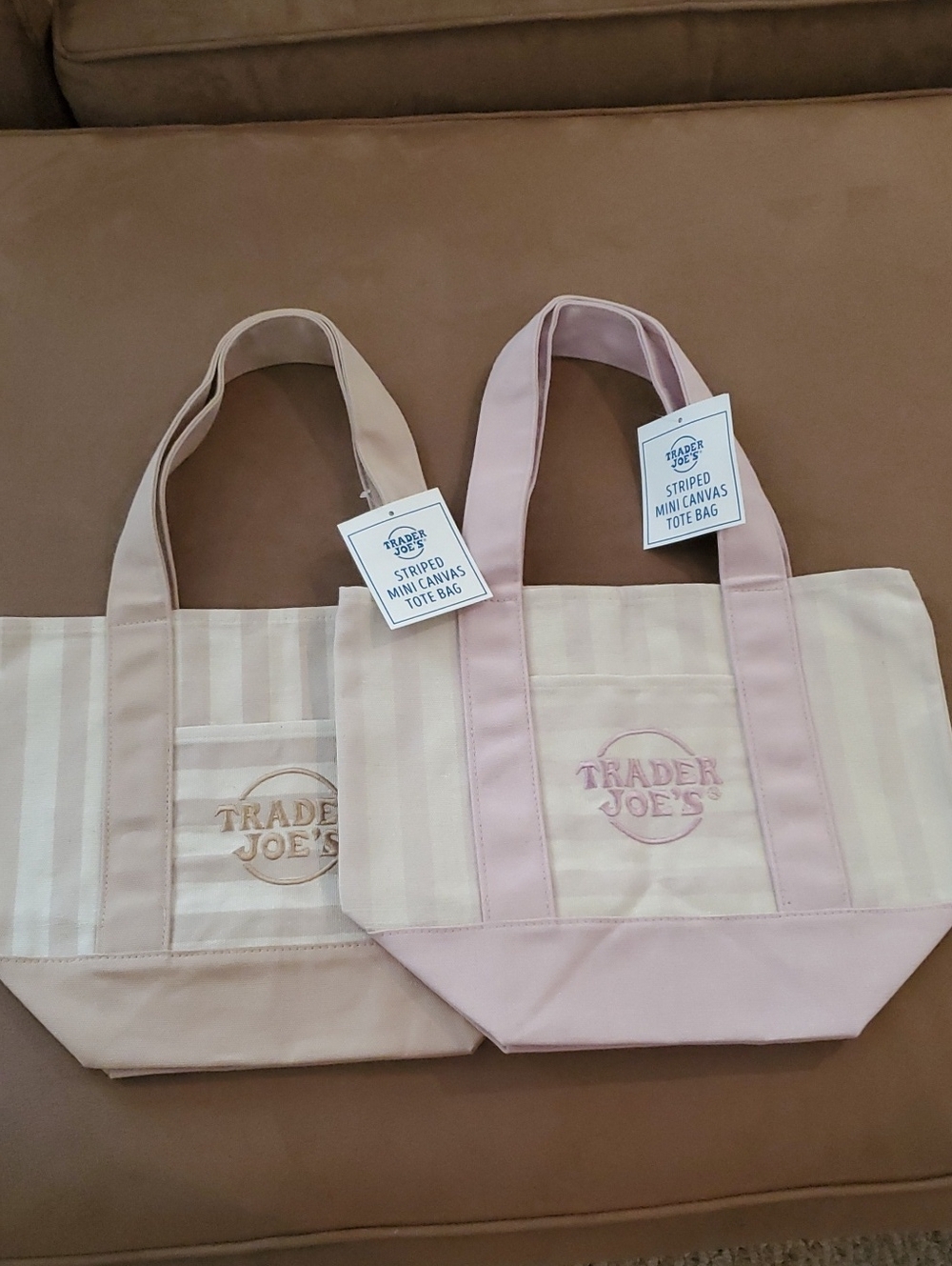 Trader Joe"s Taupe & Pink Striped Mini Canvas Tote Bag